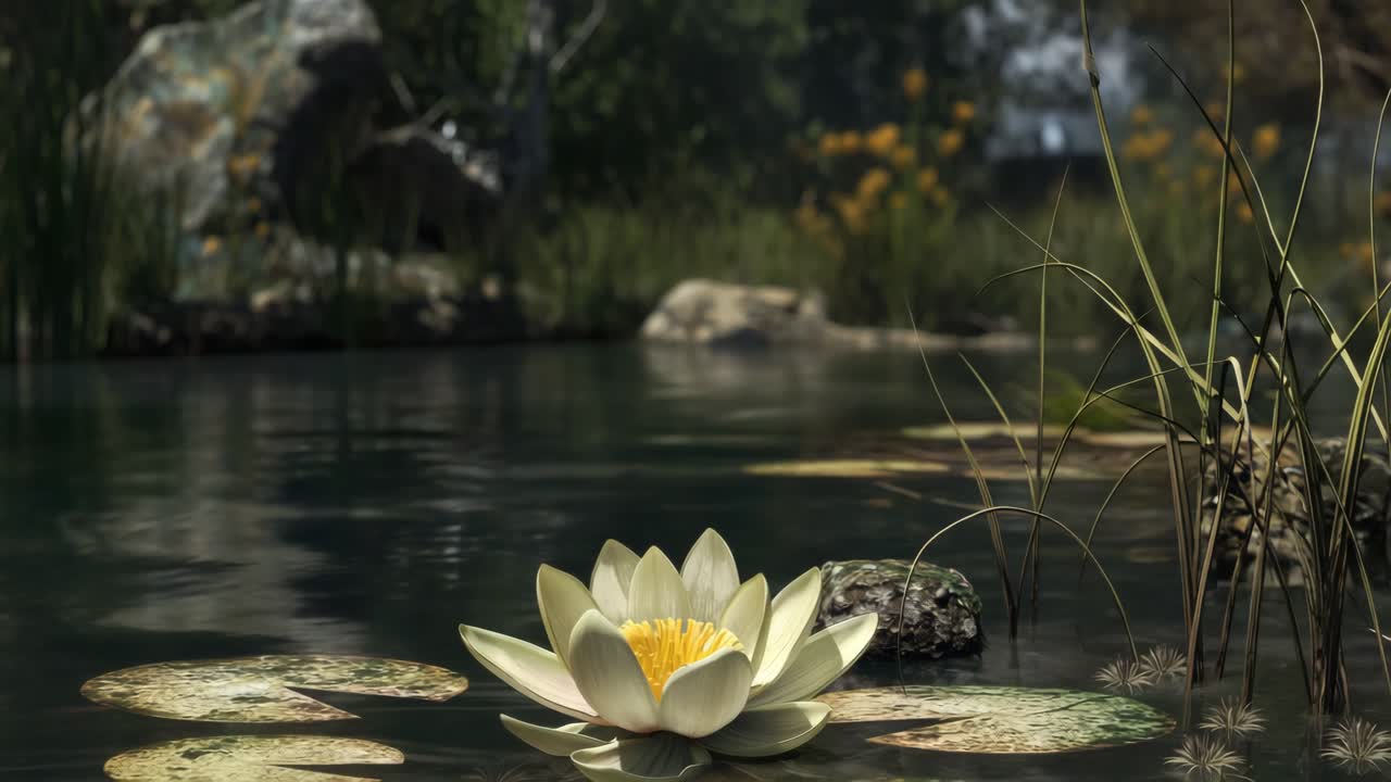 White water lily with yellow center floats gently on surface of pond, surrounded by lily pads and reeds, with blurred background of rocks, trees, and flowers