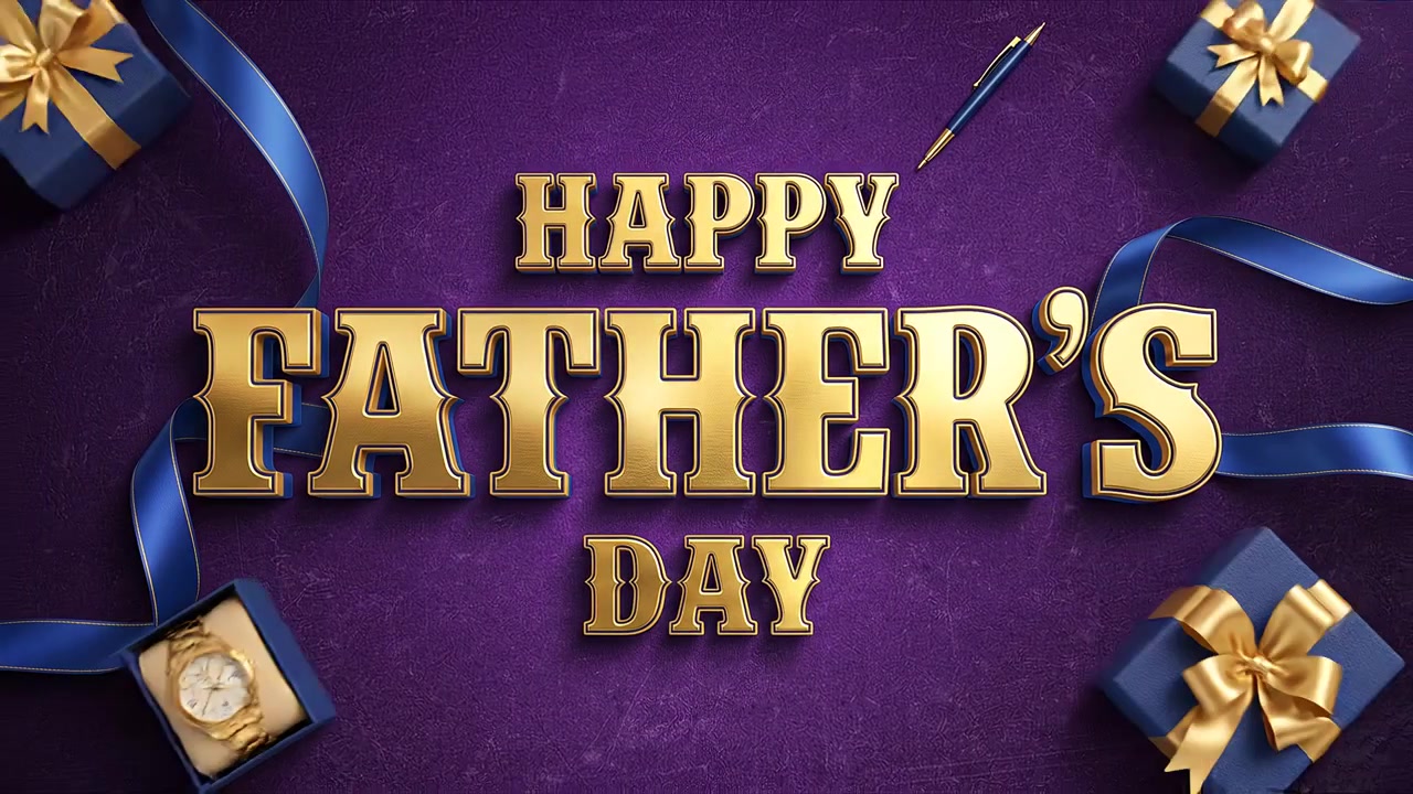 Glædelig Fars Dag Festlig banneranimation med luksuriøs guldtekst og bånd på lilla baggrund