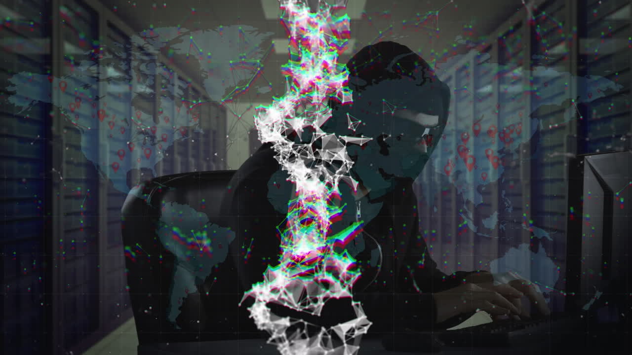 animación de hélice de adn giratoria digital contra el hombre con capucha hacking computadora en el centro de datos