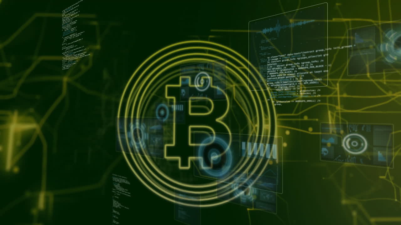 Glowing Bitcoin symbol over animation of digital network and data processing