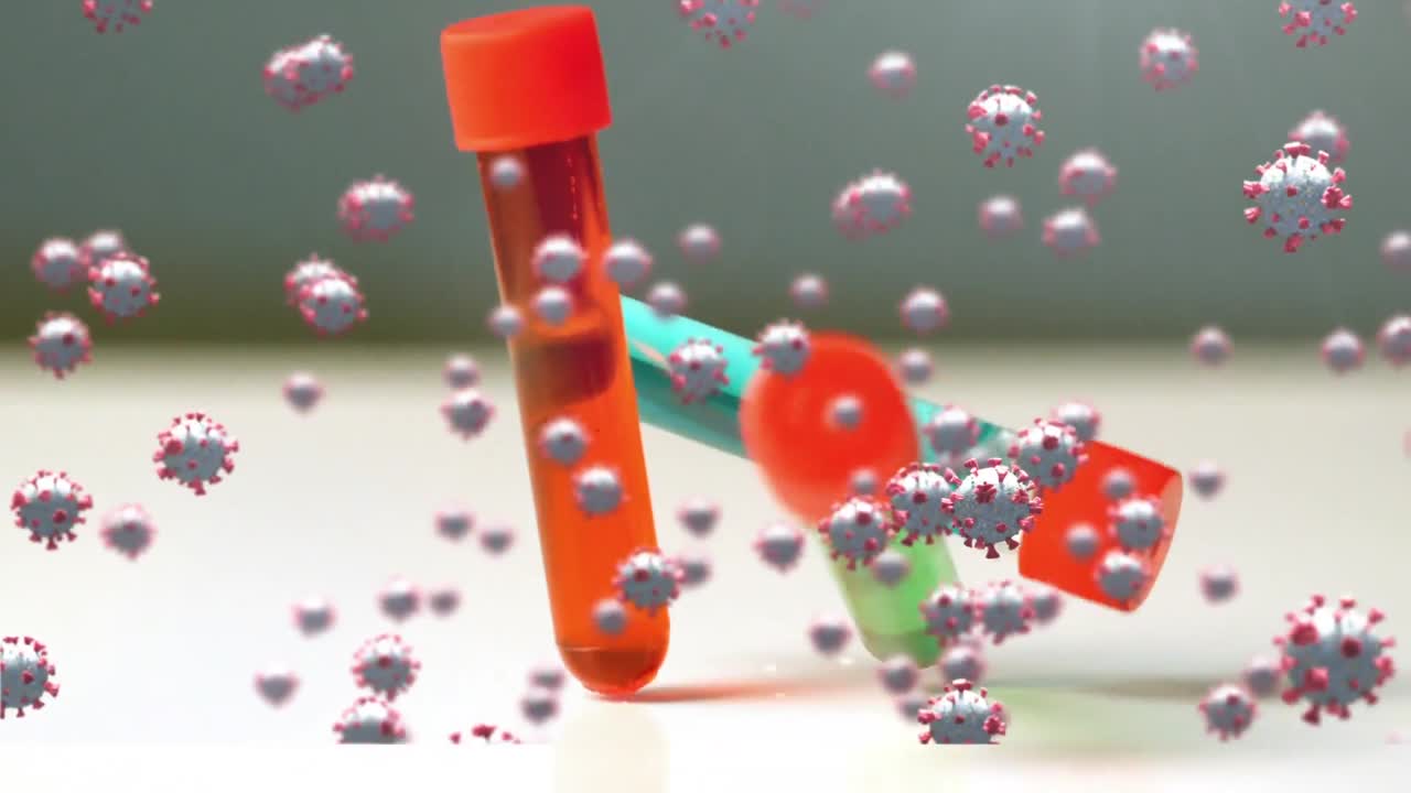 코로나19 세포가 떨어지는 시험관에 대항합니다.