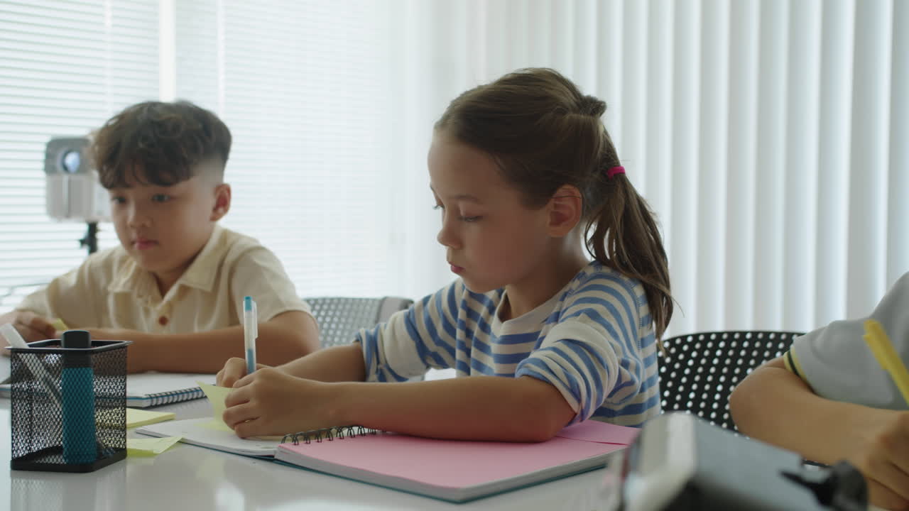 Two Bi-ethnic Elementary School Pupils Studying at Desk