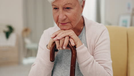 Senior-woman,-cane-and-thinking-in-home