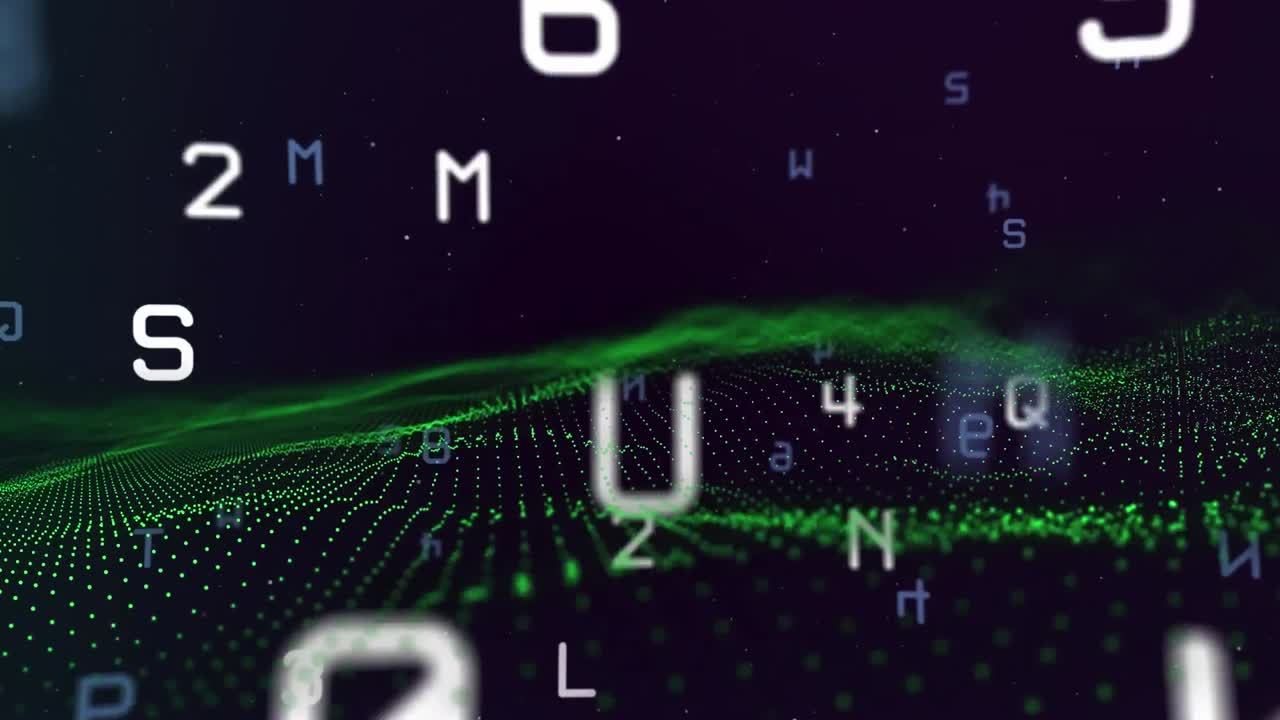 Animation of changing white and blue numbers and letters over green digital landscape on black