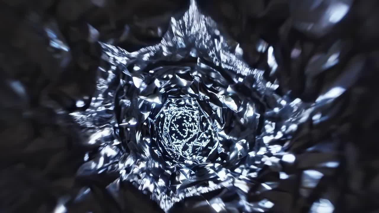 Abstract motion sequence through a spiraling tunnel of crumpled metallic material, showcasing dynamic light reflections and depth perception in a captivating visual journey