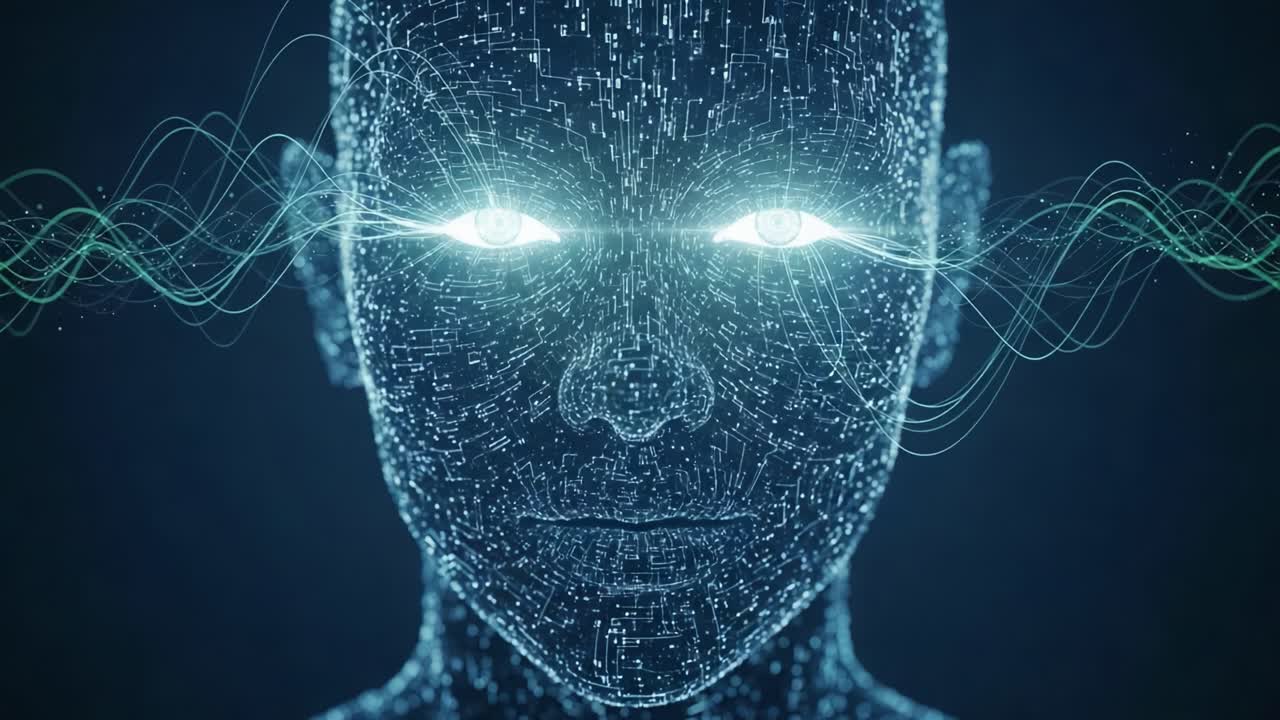 Esplorando l'Intersezione tra Tecnologia e Coscienza: Una Rappresentazione Futuristica di un Essere Digitale con Occhi Illuminati e Onde Energetiche Dinamiche