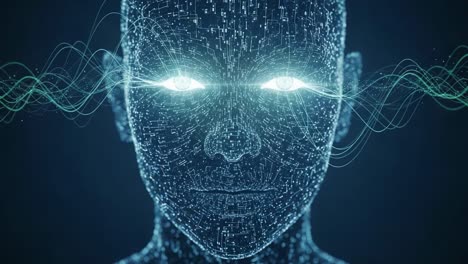 exploring the intersection of technology and consciousness: a futuristic representation of a digital being with illuminated eyes and dynamic energy waves
