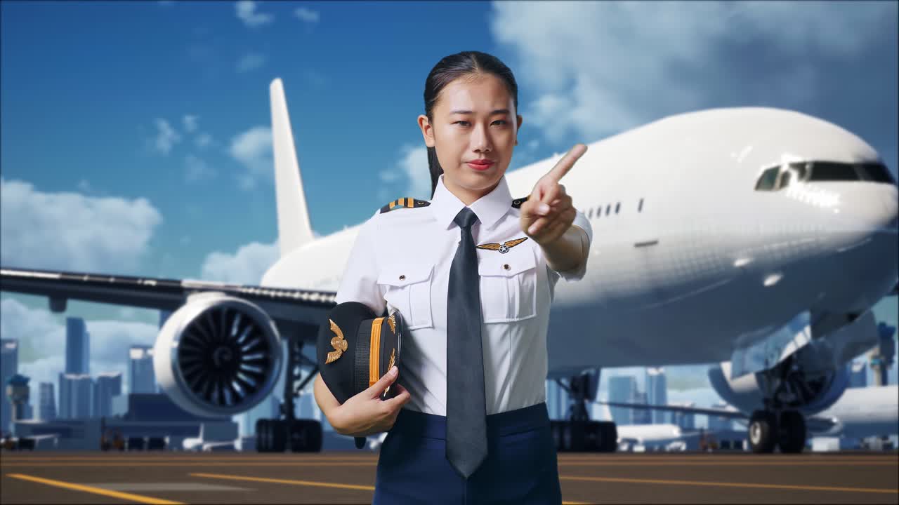 아시아 여성 조종사가 당신을 가리키고 뒷면에 비행기가 있는 공항에서 지표손가락 표시 없이 불쾌감을 표합니다.
