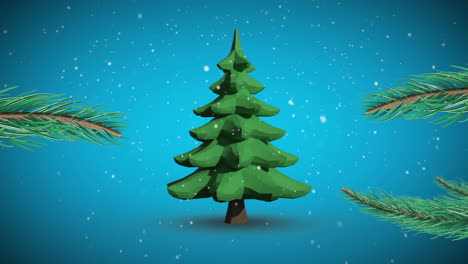 animation of turning christmas tree and snow falling on blue background