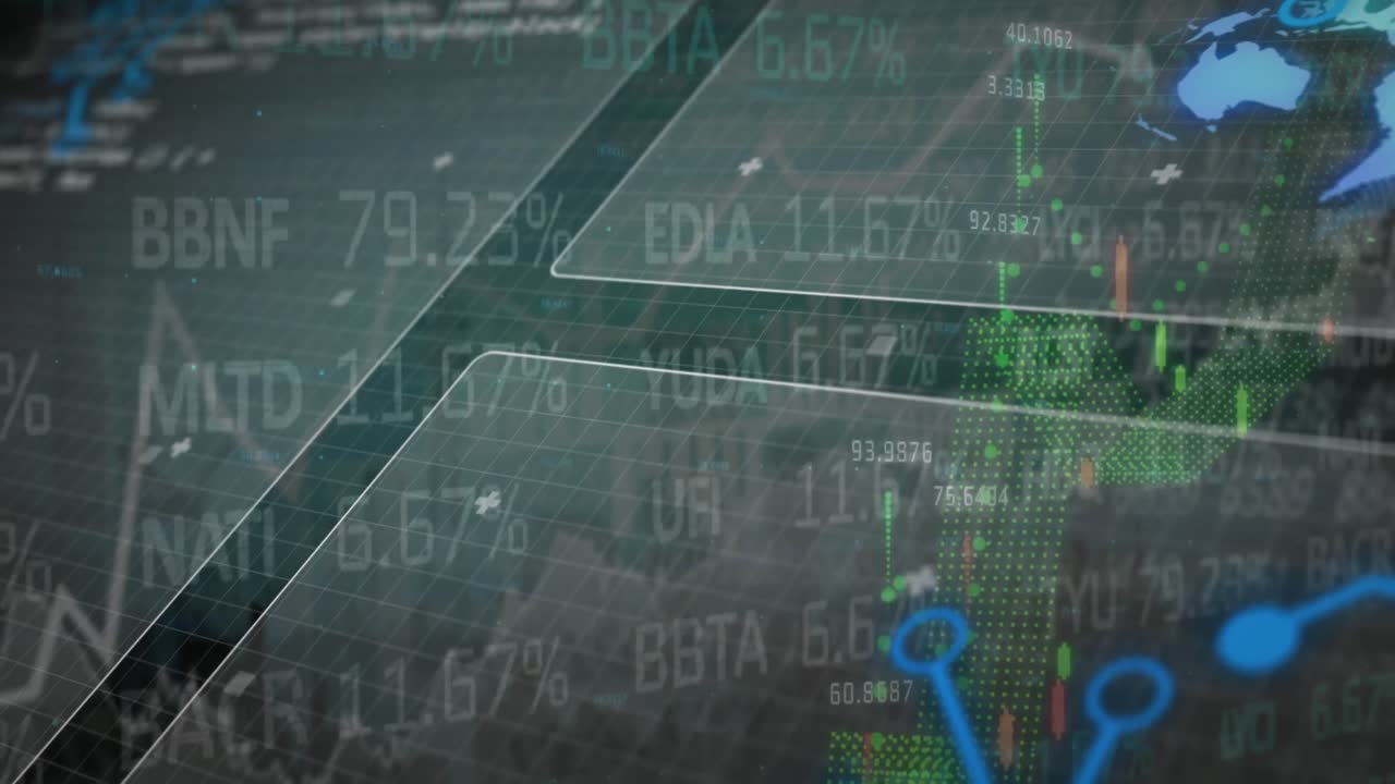 animación del procesamiento de datos financieros en el mundo y las pantallas