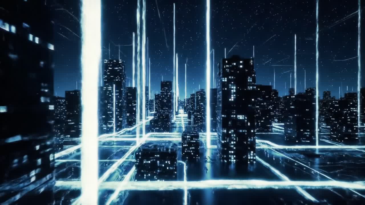 Futuristic Urban Landscape: A Stunning Overview of a High-Tech City Bathed in Neon Lights and Dynamic Energy Flowing Through the Skyscrapers