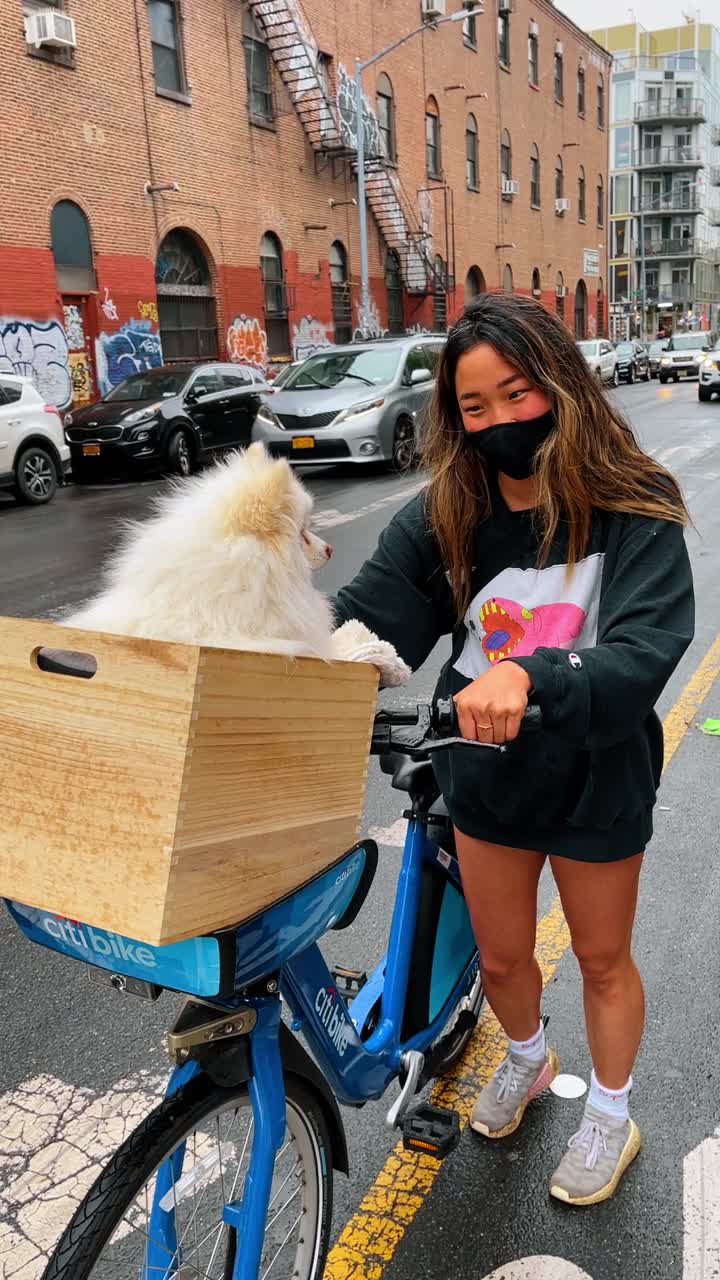New York, USA, 2 mars 2026: Kvinna med ansiktsmask håller en cykel med hund i korg. Kvinna i svart mask och tröja med lurvig hund i en träkorg på en blå cykel på en gata i New York.