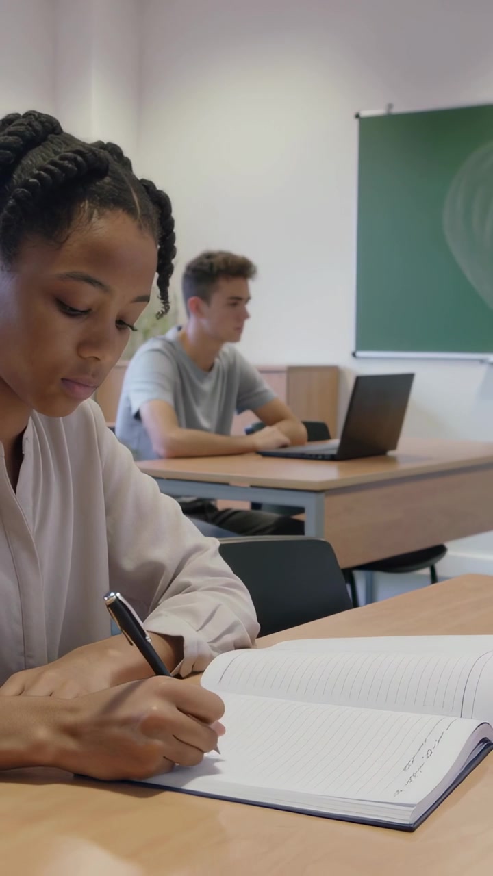 Vídeo vertical: Estudante escrevendo com blusa clara, preenchendo o caderno em aula, com a caneta em posição e laptop por perto
