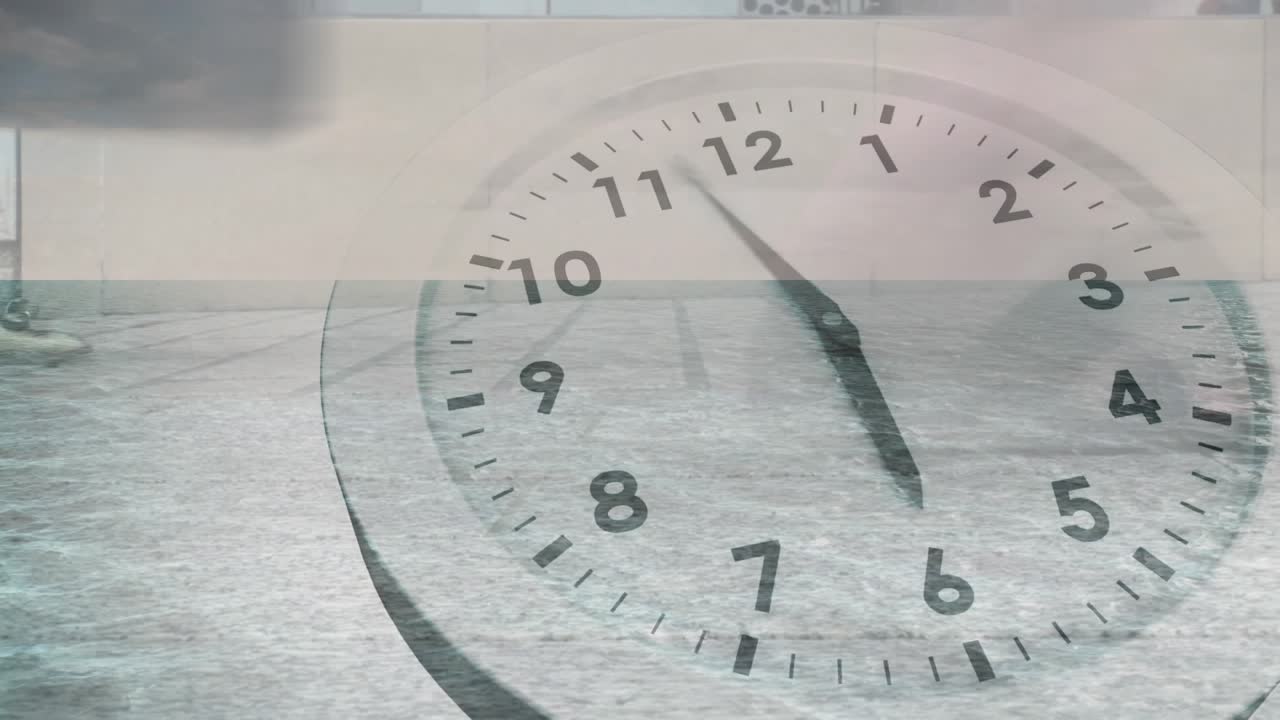 Animation of clock moving over people walking and nigeria