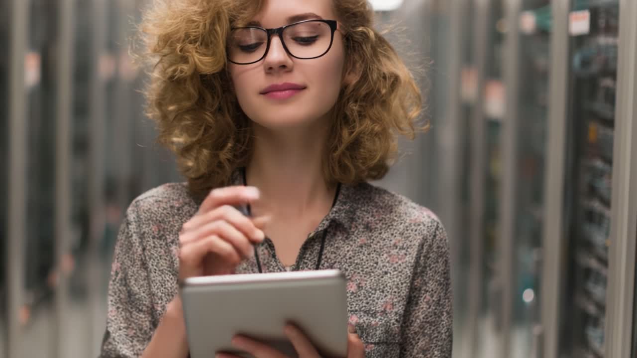 A thoughtful woman with curly hair and glasses holding a tablet, pondering in a data center while surrounded by rows of servers and technology, reflecting on her work and the digital environment