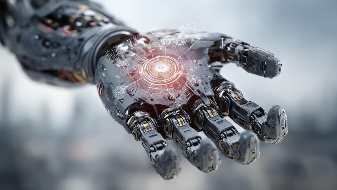 Futuristic Robotic Hand: An Advanced Cybernetic Prosthetic with Interactive Technology Displaying Pulsating Energy and Digital Interfaces for Enhanced Human-Machine Interaction
