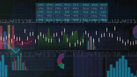 animation of interface with statistical data processing over grid network against black background