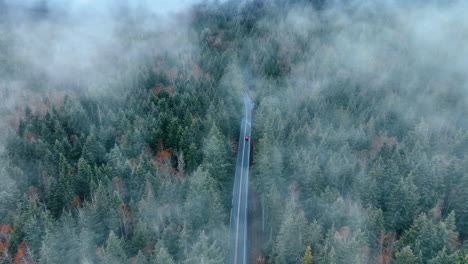 single red car drives by the highway going through the mount rainer national park, washington state, the usa. top view on the scenery covering with mist.