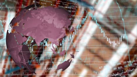 animation of globe and financial data processing over warehouse