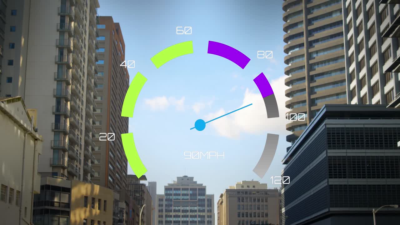 Animation of speedometer over cityscape