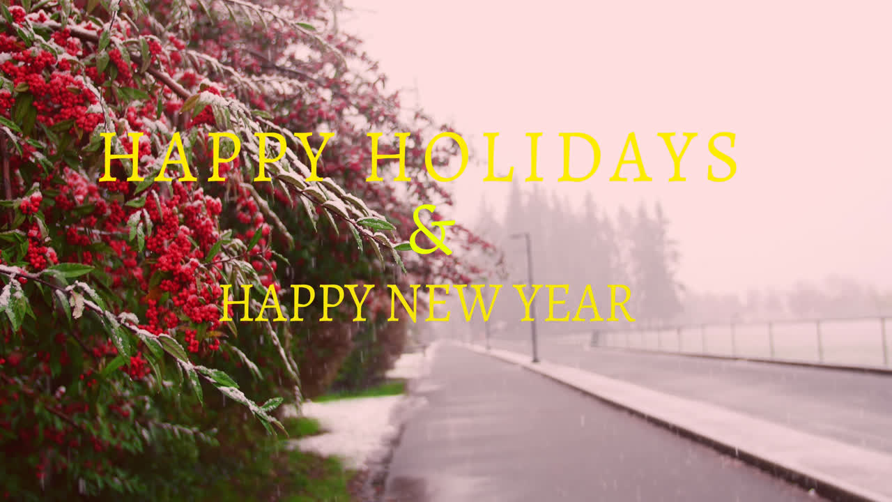 ハッピー・ホリデーのアニメーション 冬の風景と雪が降るテキスト