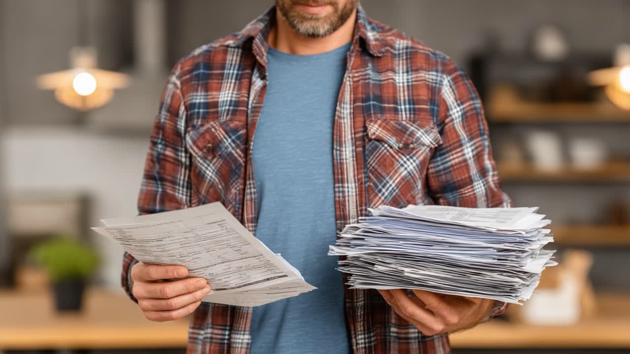 A man examines important documents while holding a large stack of paperwork, showcasing the intricacies of organization and the challenge of managing multiple tasks effectively