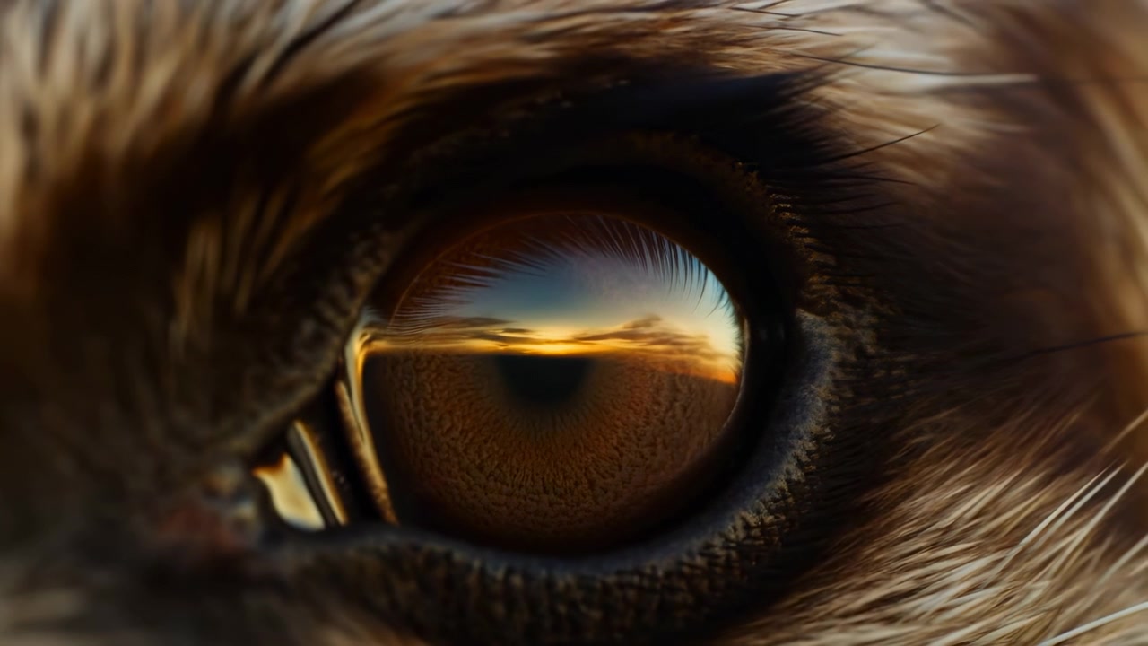 Vista macro estrema di un occhio animale marrone con cornea lucida, pupilla scura, dettagli di pelliccia fine e riflesso del tramonto, che mostra un sottile cambiamento dello sguardo, luce calda e ricca texture naturale, con occhio, iride, pupilla