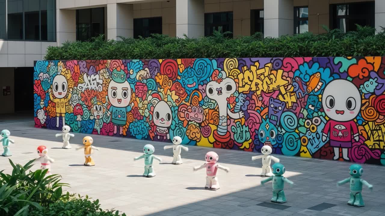A Colorful Assembly of Playful Robots Performing Against a Vibrant Mural, Showcasing Creativity and Technology in a Modern Urban Environment