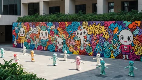 a colorful assembly of playful robots performing against a vibrant mural, showcasing creativity and technology in a modern urban environment