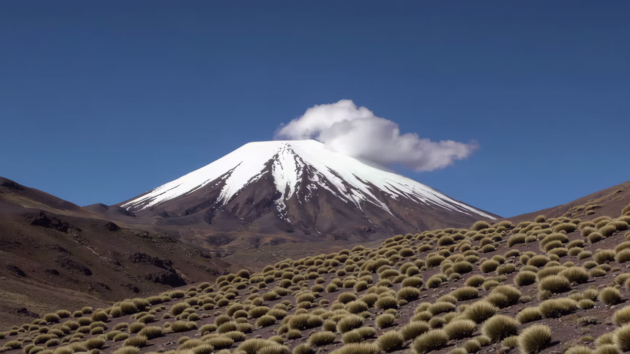 Majestic Snow-capped Volcano and Arid Landscape