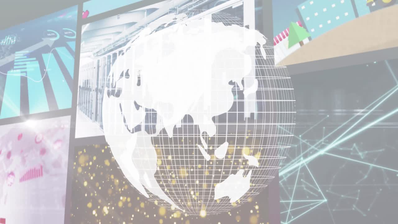 복합 화면에서 재생되는 다채로운 클립 위에 회전하는  ⁇ 색 지구의 애니메이션
