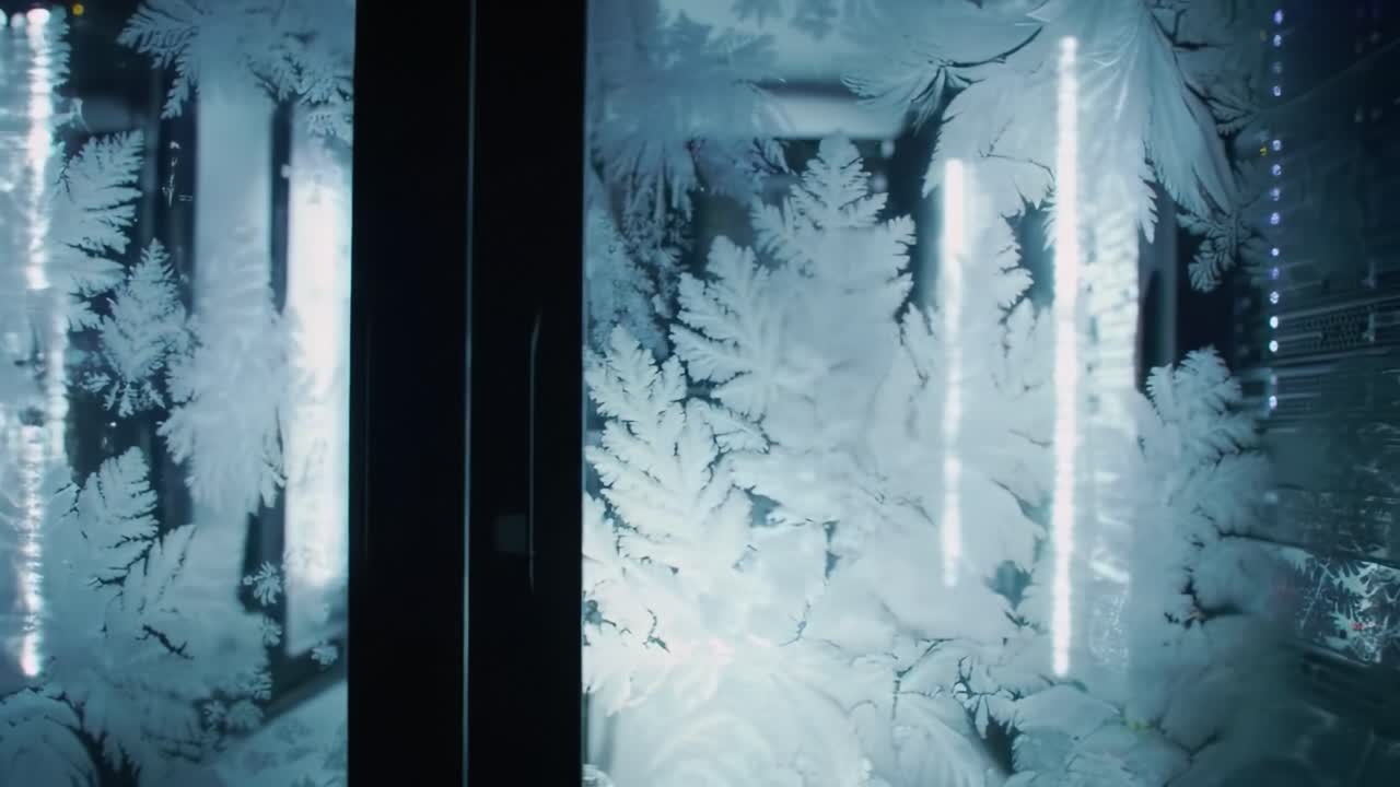 Beautiful frost patterns cover transparent surfaces, creating an ethereal atmosphere in a contemporary setting, revealing hints of the surroundings within the cool space.