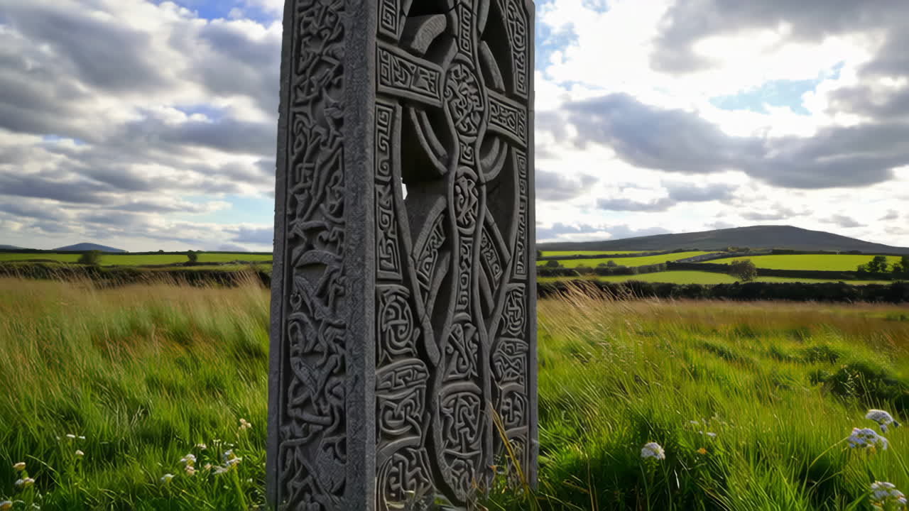 Intricately Carved Celtic Cross in a Rural Landscape