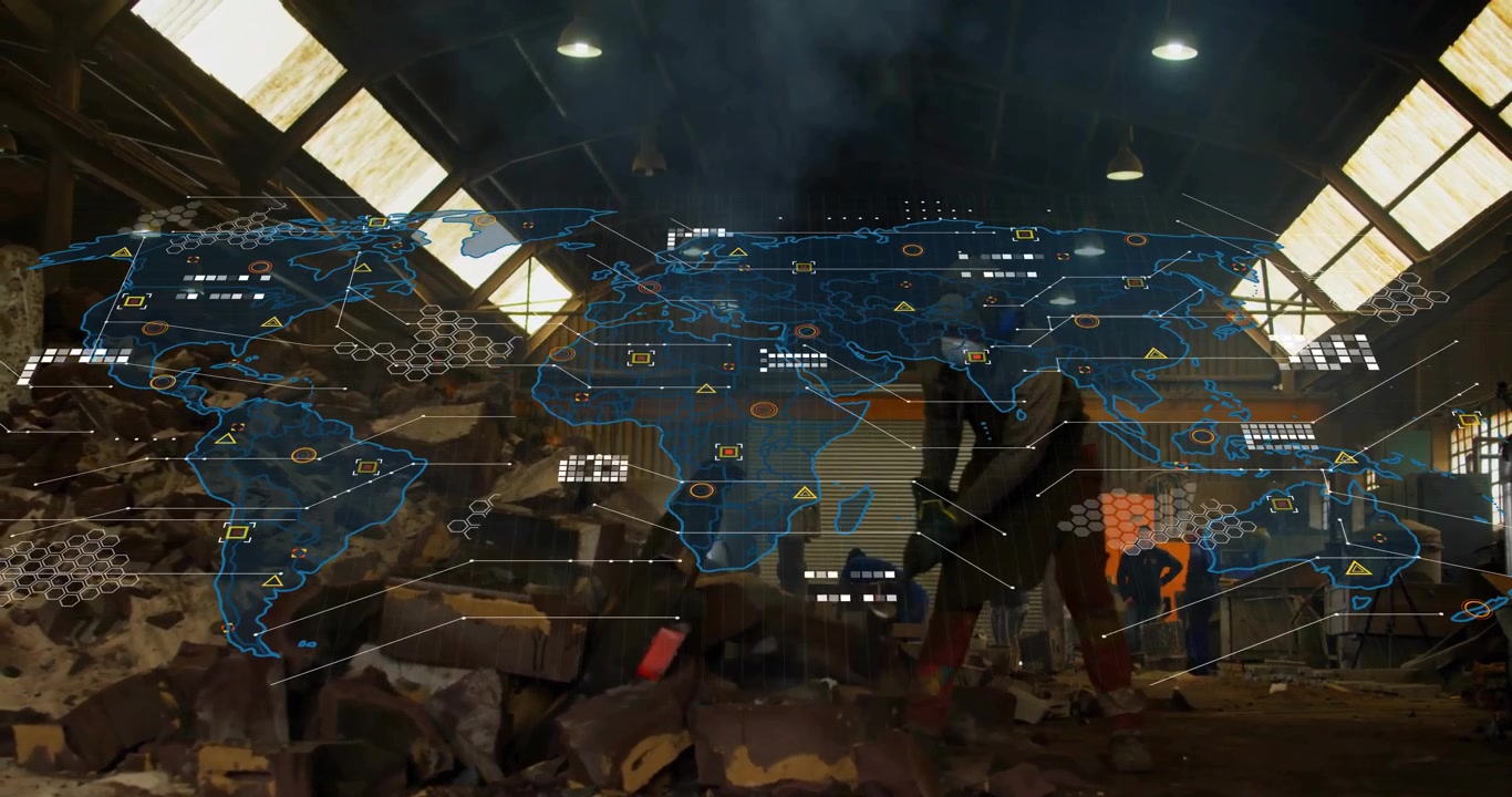 Steelworker swinging hammer at scrap metal, each swing driving map overlay icons spanning regions