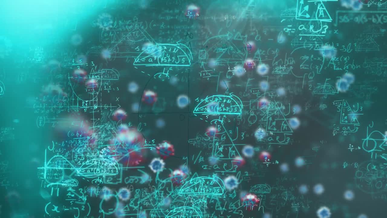 Digital composite video of Covid-19 cells and mathematical equations moving against blue background