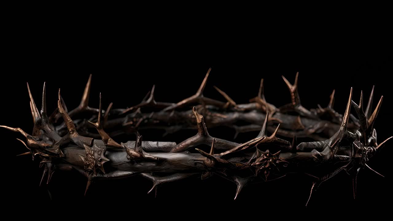 Crown of thorns with copper and dark tones, evoking pain, sacrifice, and the crucifixion of Jesus Christ, resting on a reflective black surface, creating a dramatic and symbolic image