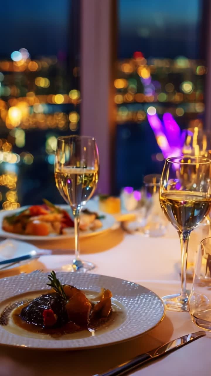 A Culinary Delight: Indulge in an Exquisite Dinner Experience with Gourmet Dishes, Fine Wine, and Breathtaking City Views at Dusk, Setting the Perfect Ambiance for an Unforgettable Evening
