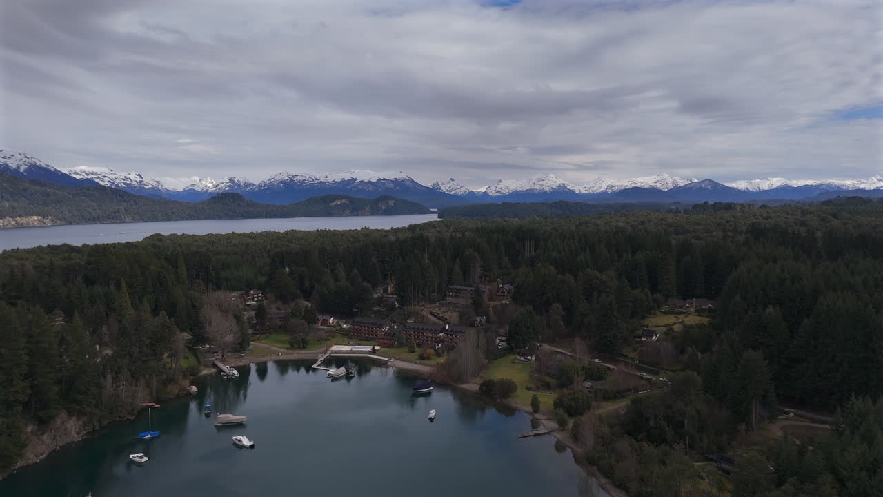 Upwards drone movement at the Puerto Manzano cosatal bay, Villa la Angostura, Argentina.