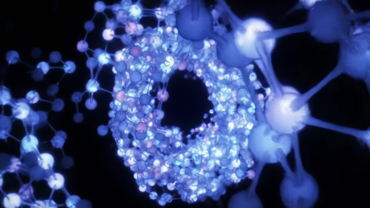An Intricate Visual Journey Through a Molecular Structure Bathed in Ethereal Blue Light, Illustrating the Depths of Atomic Connections and Interactions