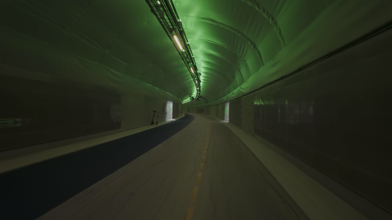Dynamic Lighting Inside The Fyllingsdalen Tunnel In Bergen, Norway. POV Shot