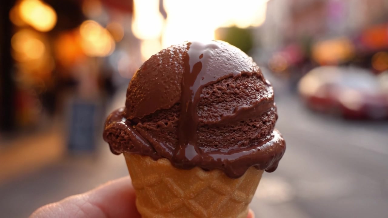 Delicioso Sorvete de Chocolate em uma Casquinha de Waffle Capturado Contra um Pôr do Sol Radiante, Perfeito para Noites de Verão e Prazer