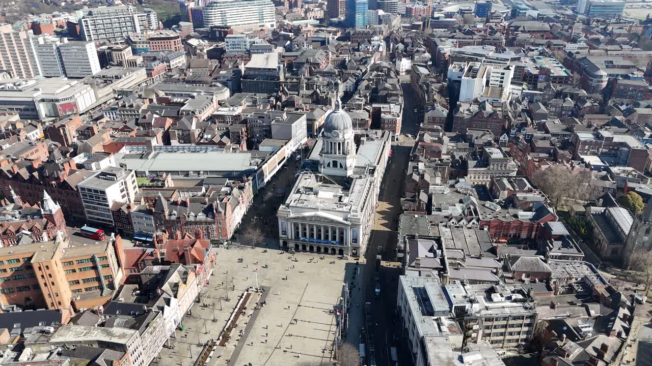 Old Market Square Nottingham UK ascending drone,aerial