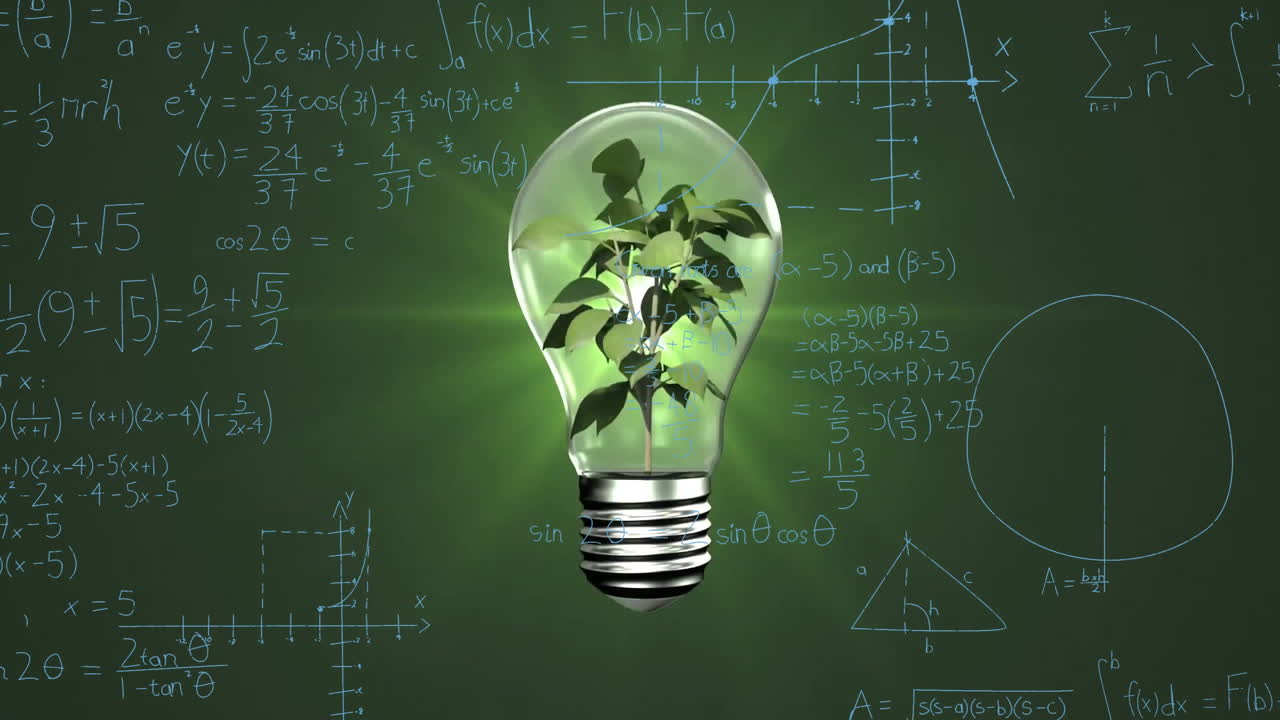 Animation of light bulb with plant and mathematical data processing