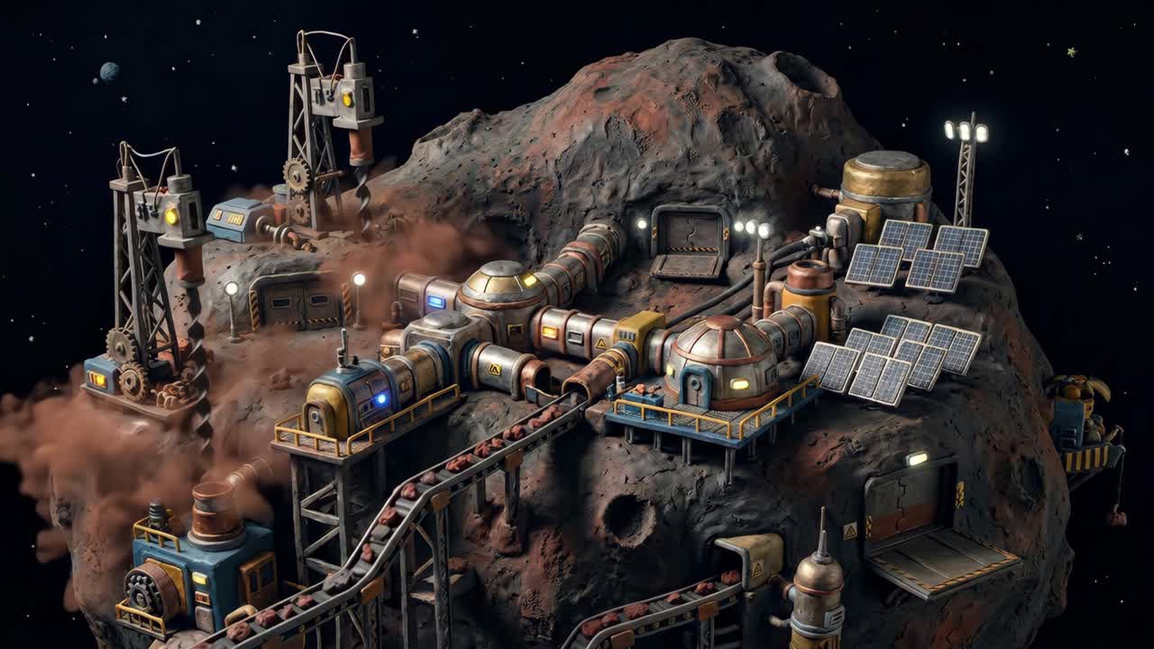 Animated Sci-Fi Asteroid Mining Colony in Deep Space