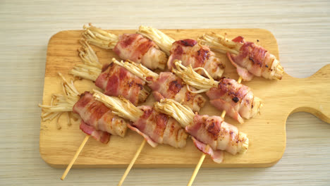 bacon wrapped golden needle mushroom skewers