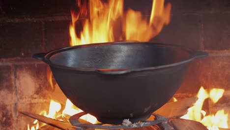 cooking in a cast iron pot over an open fire