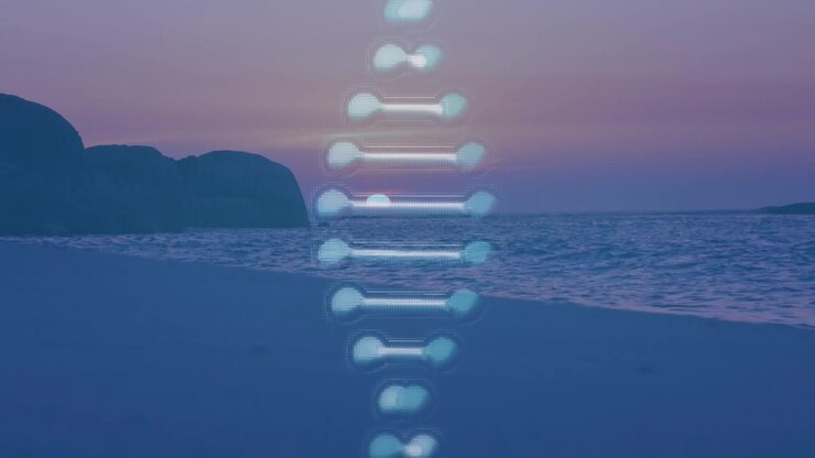 Animation of dna rotating over seascape at sunset
