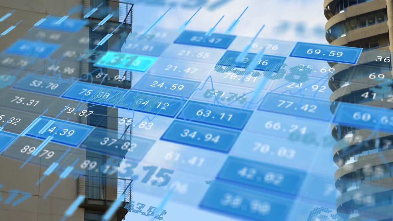 Animation of financial data processing over cityscape
