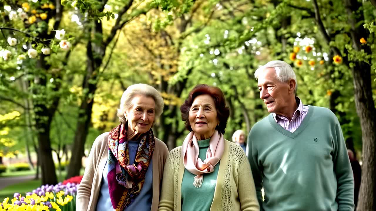 Older caucasian friends walking in a park in spring.