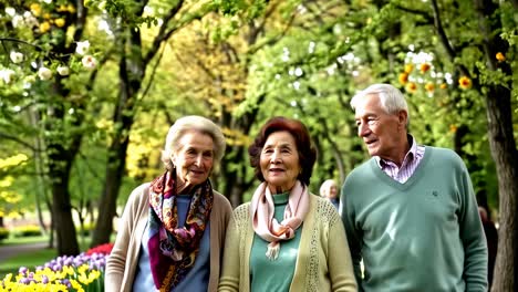 older caucasian friends walking in a park in spring.